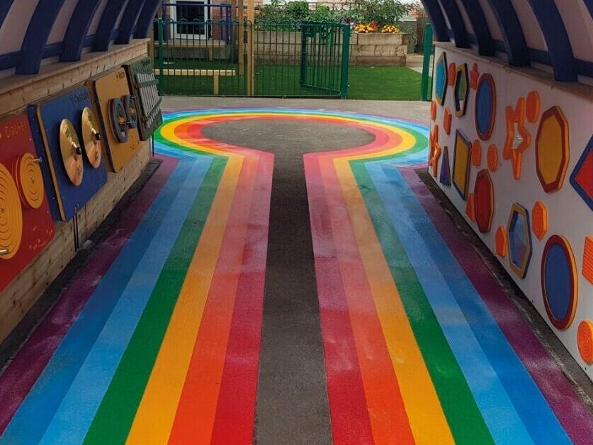 Preformed thermoplastic multicoloured playground design in a school playground
