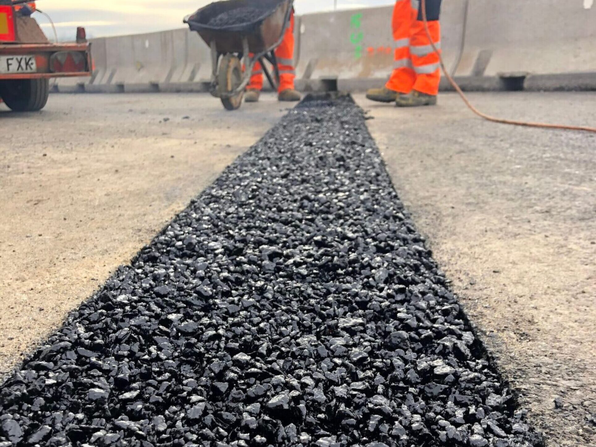 A close up of Prismo Thormajoint bridge joint installation in Madrid, part of Prismo’s bituminous road repair products range.