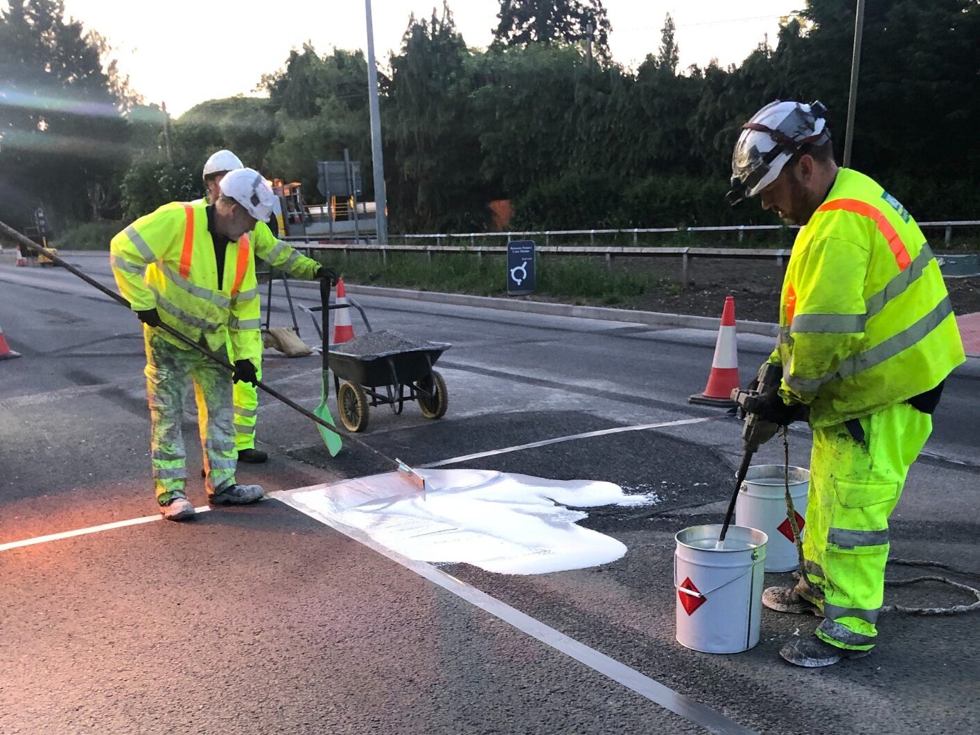 Contractors applying Prismogrip high friction surfacing in Oxfordshire