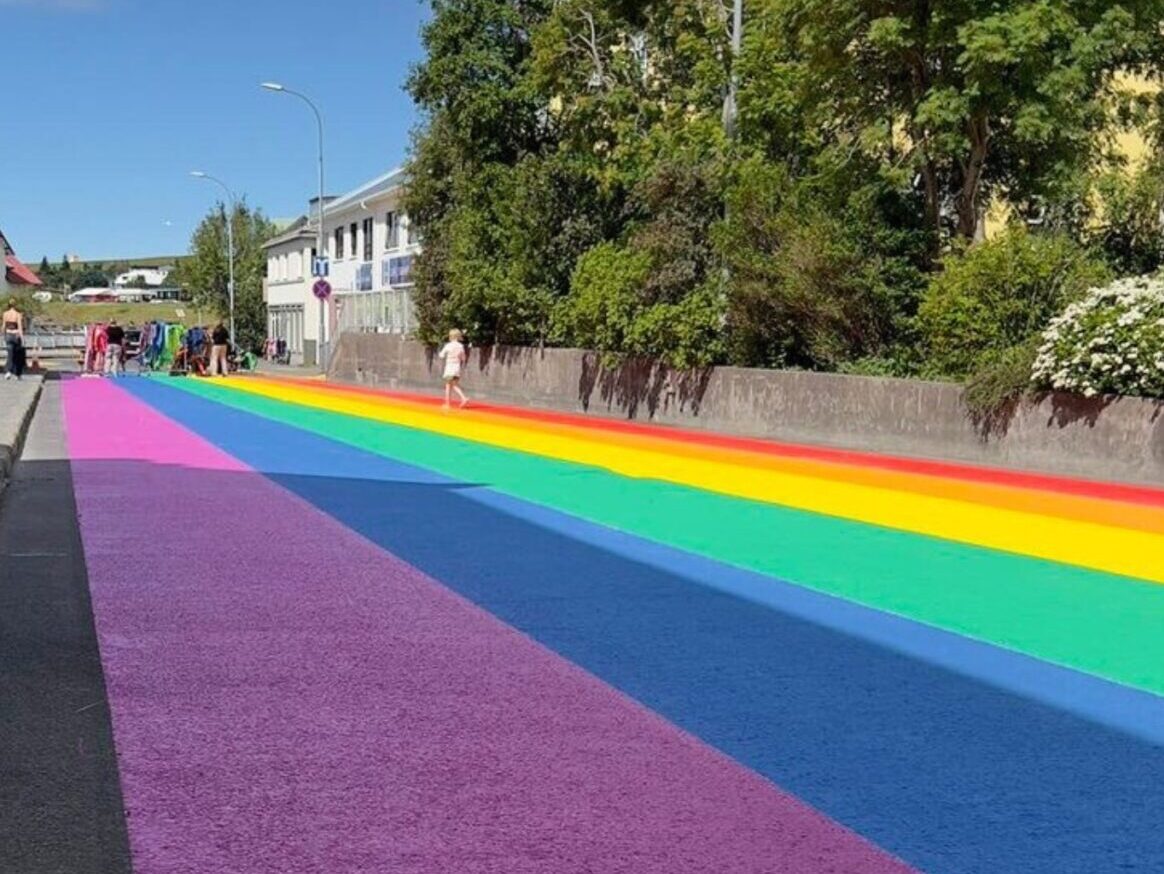 Prismo Vernisol Robur-Grip MMA rainbow street markings in Husavik, Iceland