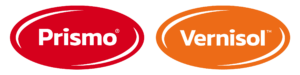 Prismo and Vernisol logos on brand-coloured backgrounds with graphic lines