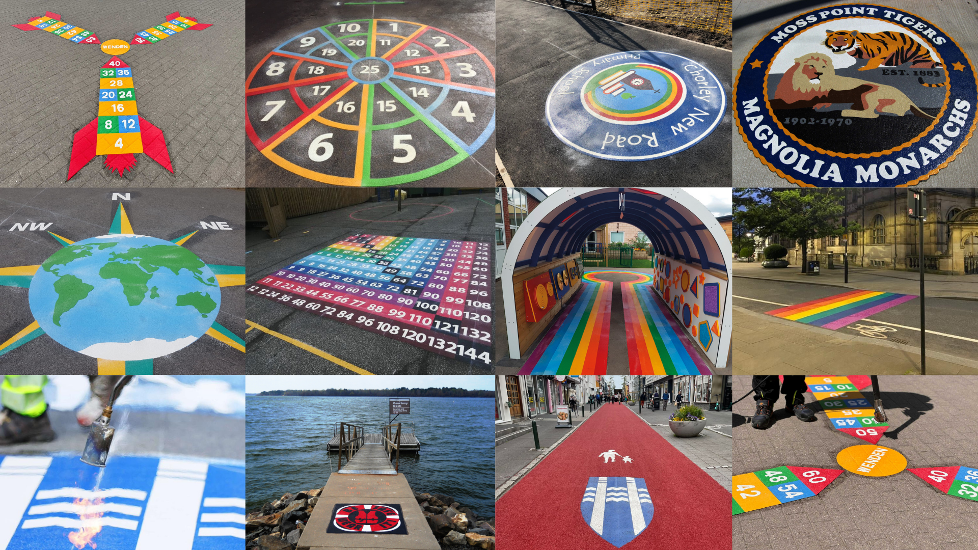 Collage of Prismo Preformed Thermoplastic decorative road marking products