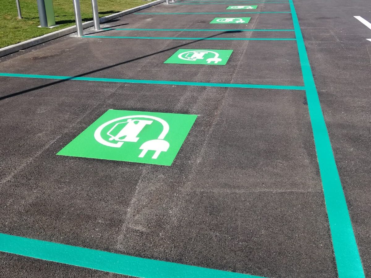 Prismo Preformed Thermoplastic green EV bay car park marking in Caserta, Italy